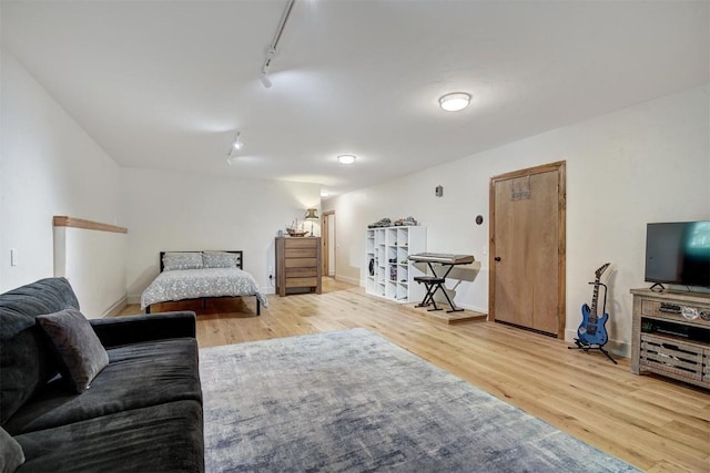 living area featuring baseboards, wood finished floors, and rail lighting