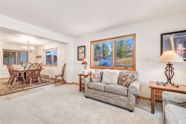 living area featuring a baseboard heating unit, electric panel, baseboards, carpet, and a notable chandelier