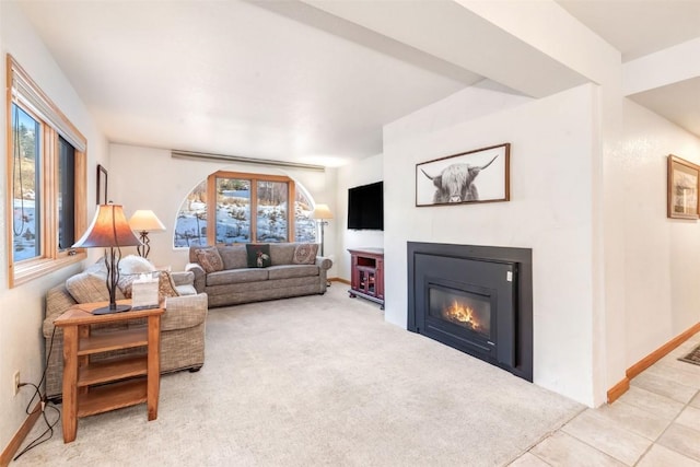 living room with a glass covered fireplace and baseboards