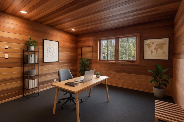 office featuring wood ceiling, wooden walls, and dark colored carpet
