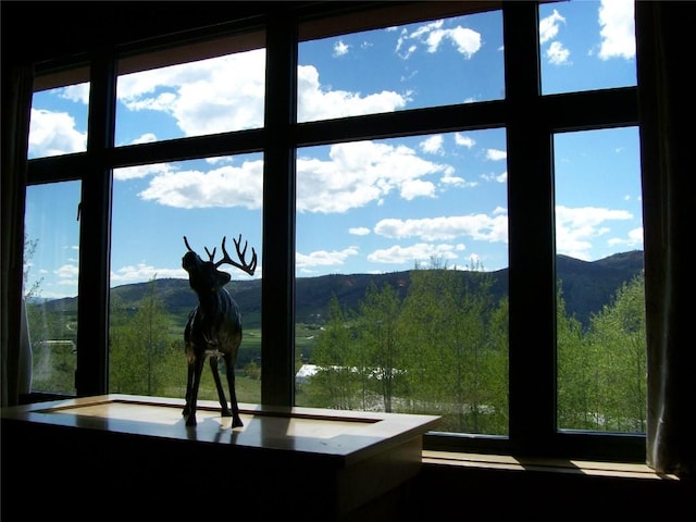 interior space with a mountain view