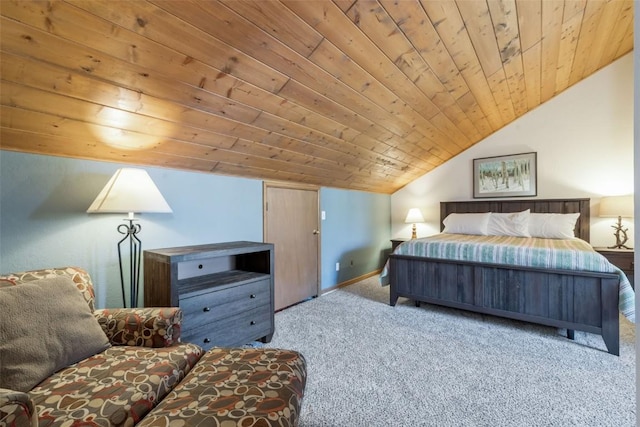 carpeted bedroom featuring vaulted ceiling and wooden ceiling