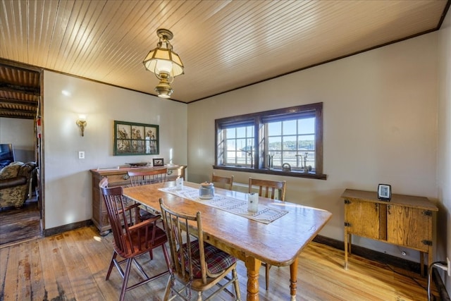 dining space featuring wood ceiling, baseboards, and wood-type flooring