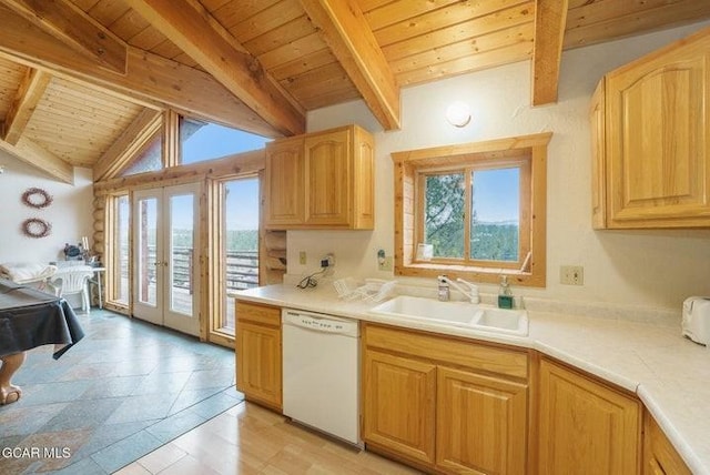 90 Gcr 864, Tabernash, CO 80478 - kitchen with white dishwasher, a sink, light countertops, french doors, and wood ceiling
