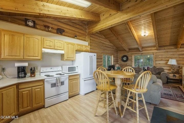 90 Gcr 864, Tabernash, CO 80478 - kitchen with wood ceiling, light wood-type flooring, rustic walls, under cabinet range hood, and white appliances