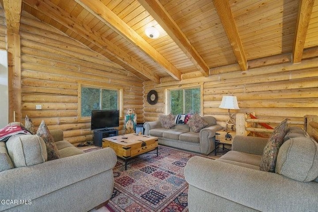 90 Gcr 864, Tabernash, CO 80478 - living area featuring vaulted ceiling with beams, rustic walls, and wooden ceiling
