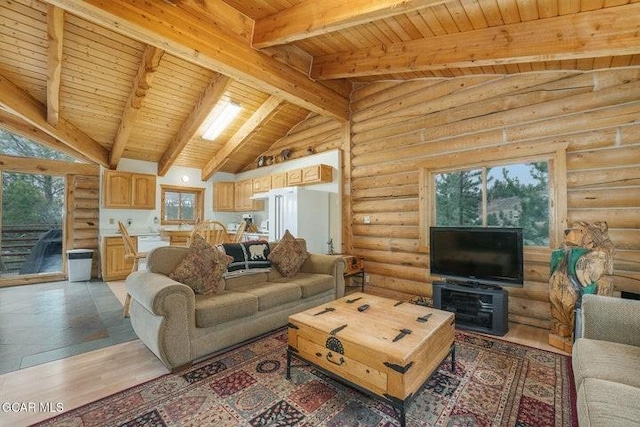 90 Gcr 864, Tabernash, CO 80478 - living area featuring lofted ceiling with beams, wooden ceiling, rustic walls, and light wood finished floors