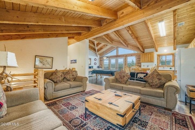 90 Gcr 864, Tabernash, CO 80478 - living room featuring beam ceiling, wood ceiling, and wood finished floors