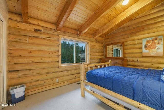 90 Gcr 864, Tabernash, CO 80478 - bedroom featuring carpet floors, wood ceiling, rustic walls, and beam ceiling