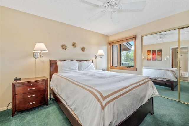 bedroom featuring carpet flooring, a closet, and ceiling fan