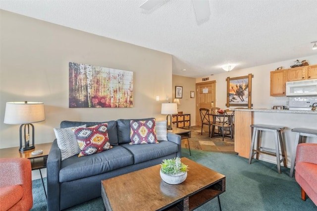 carpeted living room with a textured ceiling