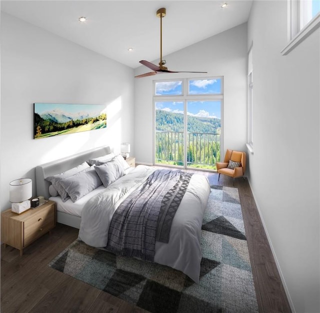 bedroom with baseboards, wood finished floors, high vaulted ceiling, and ceiling fan