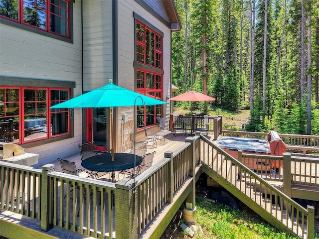 366 Moonstone Rd, Breckenridge, CO 80424 - deck featuring outdoor dining area, a forest view, and stairway