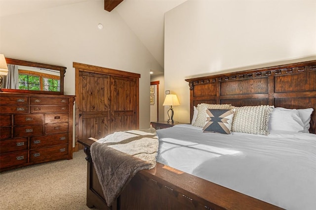 366 Moonstone Rd, Breckenridge, CO 80424 - bedroom featuring light carpet, high vaulted ceiling, and beam ceiling
