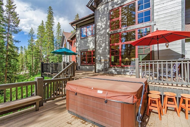 366 Moonstone Rd, Breckenridge, CO 80424 - wooden terrace featuring a hot tub