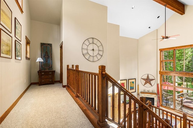 366 Moonstone Rd, Breckenridge, CO 80424 - corridor featuring high vaulted ceiling, beamed ceiling, an upstairs landing, and carpet floors