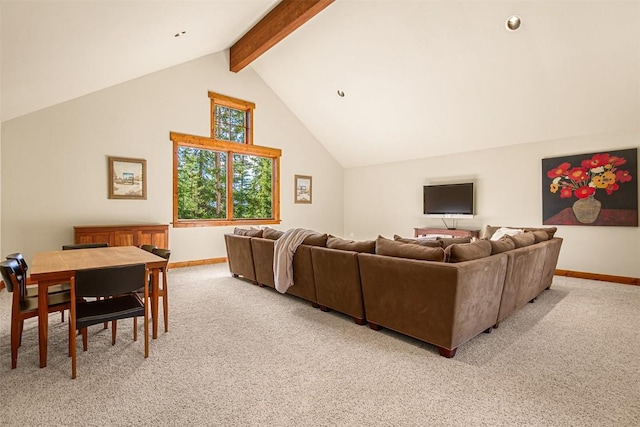 366 Moonstone Rd, Breckenridge, CO 80424 - living area featuring light colored carpet, beamed ceiling, and high vaulted ceiling