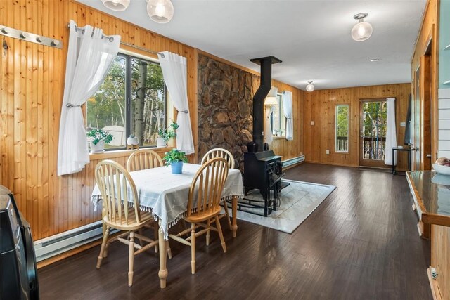 465 Mount Guyot Cir, Jefferson, CO 80456 - dining area with wooden walls, a baseboard heating unit, and a wood stove