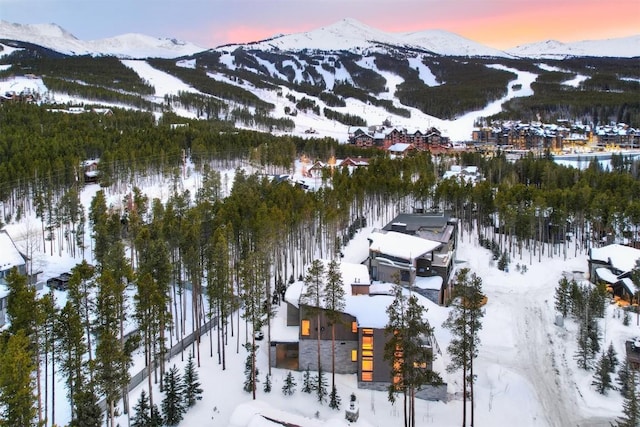 snowy aerial view featuring a mountain view