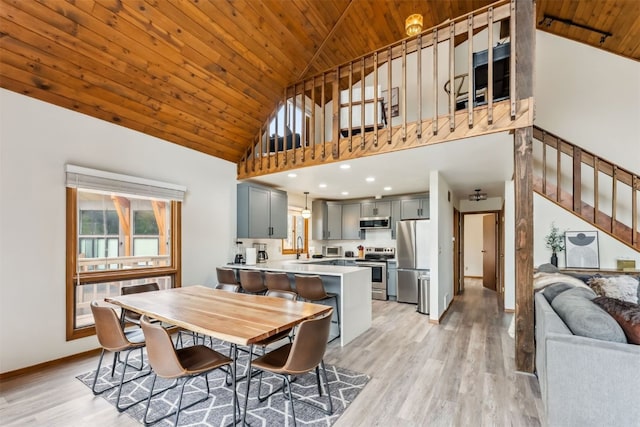 1009 American Way, Breckenridge, CO 80424 - dining area with light wood-style floors, stairway, high vaulted ceiling, baseboards, and wood ceiling