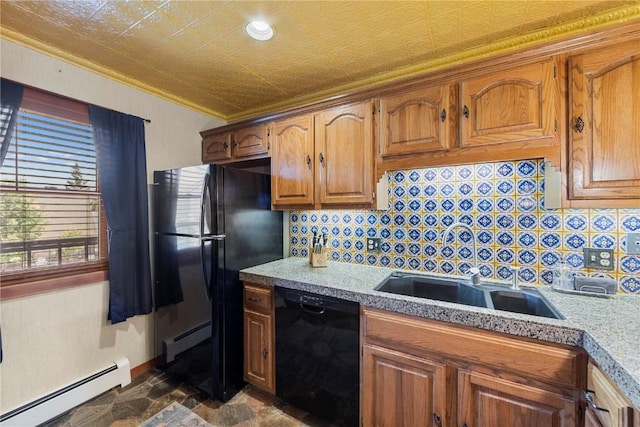 9490 Ryan Gulch Rd Unit 94202, Silverthorne, CO 80498 - kitchen with black appliances, a baseboard radiator, light countertops, and ornamental molding