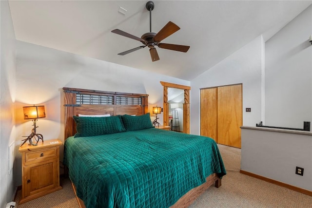 9490 Ryan Gulch Rd Unit 94202, Silverthorne, CO 80498 - bedroom with vaulted ceiling, carpet floors, a closet, and a ceiling fan