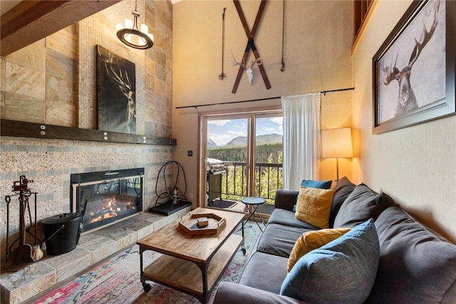 9490 Ryan Gulch Rd Unit 94202, Silverthorne, CO 80498 - living room with a towering ceiling and a tiled fireplace