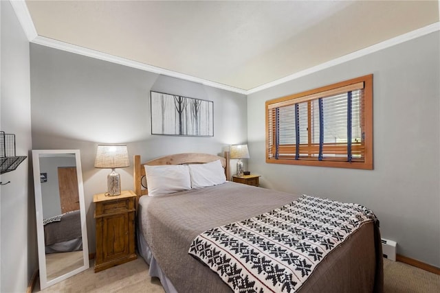 9490 Ryan Gulch Rd Unit 94202, Silverthorne, CO 80498 - bedroom featuring light colored carpet, baseboard heating, and ornamental molding