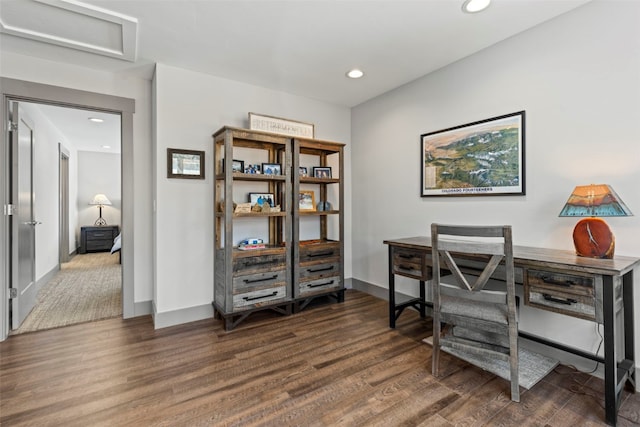 office area featuring attic access, baseboards, recessed lighting, and dark wood-style flooring