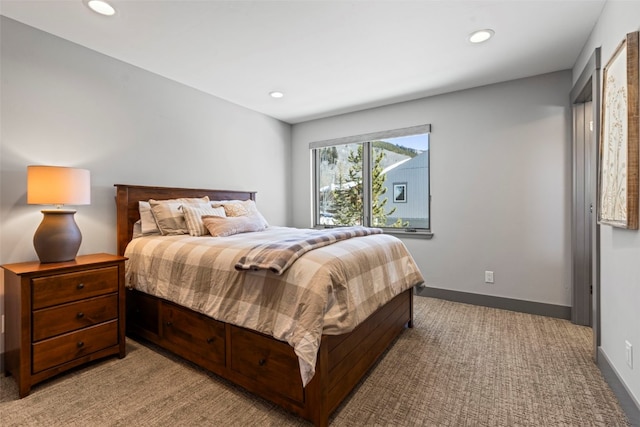 bedroom with baseboards, light carpet, and recessed lighting