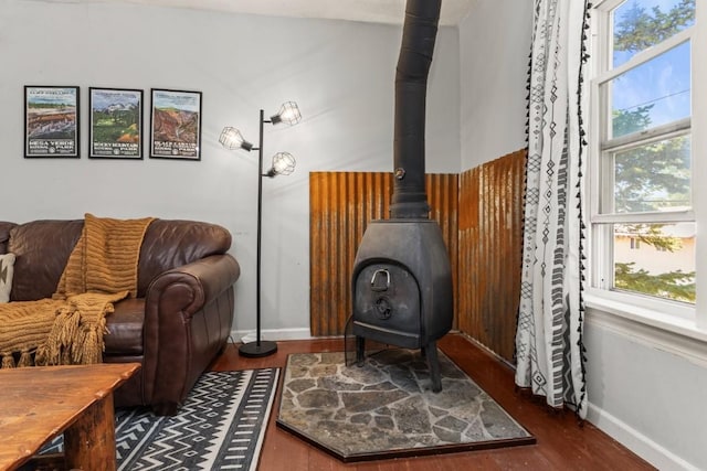 200 N Grant Ave, Oak Creek, CO 80467 - living room featuring a wood stove and wood finished floors