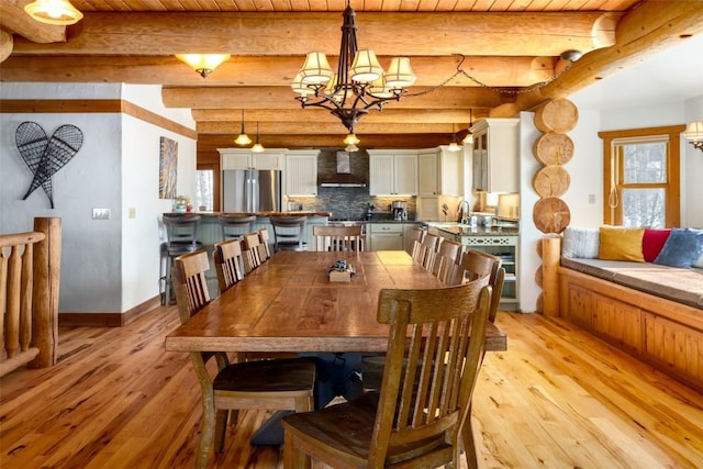 57640 County Road 129, Clark, CO 80428 - dining room featuring light wood-style flooring, a chandelier, and a wood ceiling with exposed beams