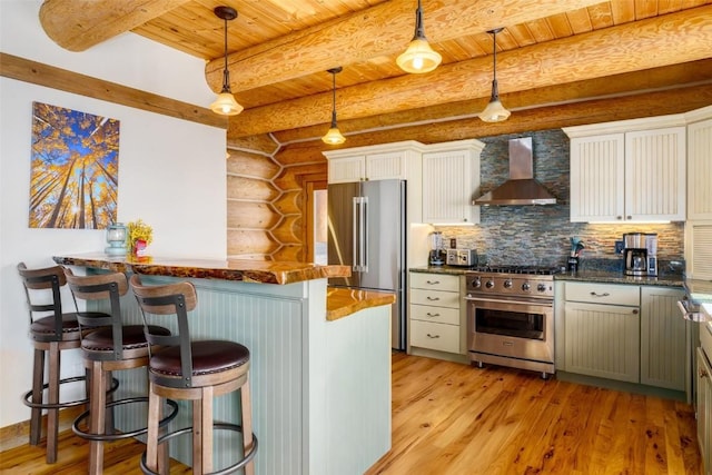57640 County Road 129, Clark, CO 80428 - kitchen featuring wall chimney exhaust hood, premium appliances, light wood-style floors, a wooden ceiling with exposed beams, and a breakfast bar