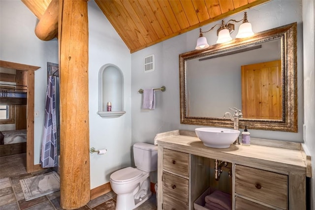 57640 County Road 129, Clark, CO 80428 - bathroom with vanity, lofted ceiling, stone finish flooring, and wood ceiling