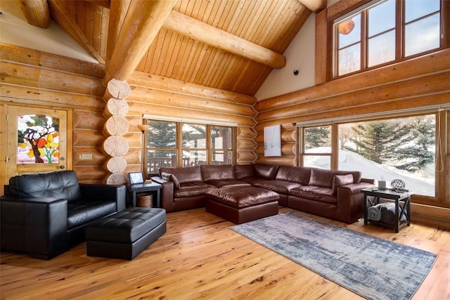 57640 County Road 129, Clark, CO 80428 - living room featuring rustic walls, high vaulted ceiling, hardwood / wood-style floors, and a wood ceiling with exposed beams