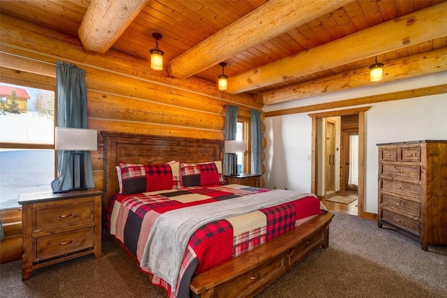 57640 County Road 129, Clark, CO 80428 - bedroom featuring a wood ceiling with exposed beams and carpet floors
