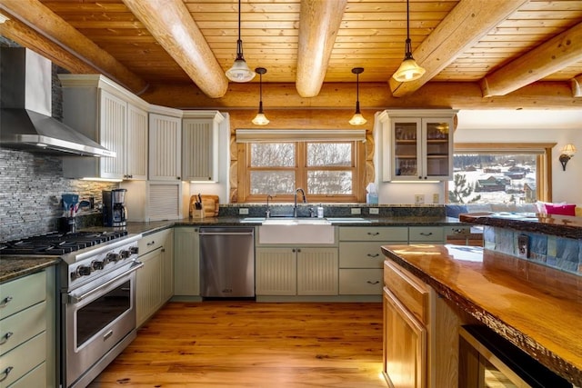 57640 County Road 129, Clark, CO 80428 - kitchen featuring stainless steel appliances, wall chimney exhaust hood, plenty of natural light, a wooden ceiling with exposed beams, and light wood-type flooring