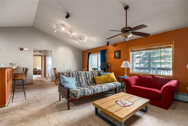 3335 Columbine Dr Unit 907, Steamboat Springs, CO 80487 - living room with lofted ceiling, light carpet, and ceiling fan