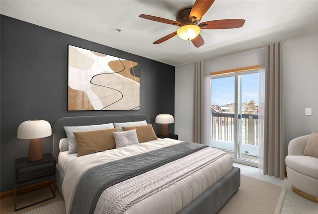 3335 Columbine Dr Unit 907, Steamboat Springs, CO 80487 - carpeted bedroom featuring access to outside and ceiling fan