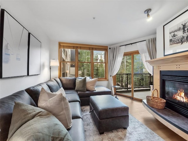 140 Ida Belle Dr Unit 8153, Keystone, CO 80435 - living area featuring a glass covered fireplace and wood finished floors