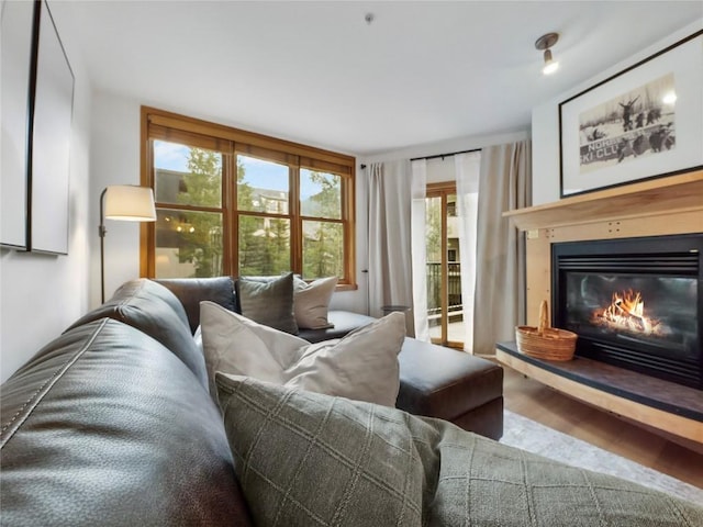 140 Ida Belle Dr Unit 8153, Keystone, CO 80435 - living room featuring a glass covered fireplace and wood finished floors