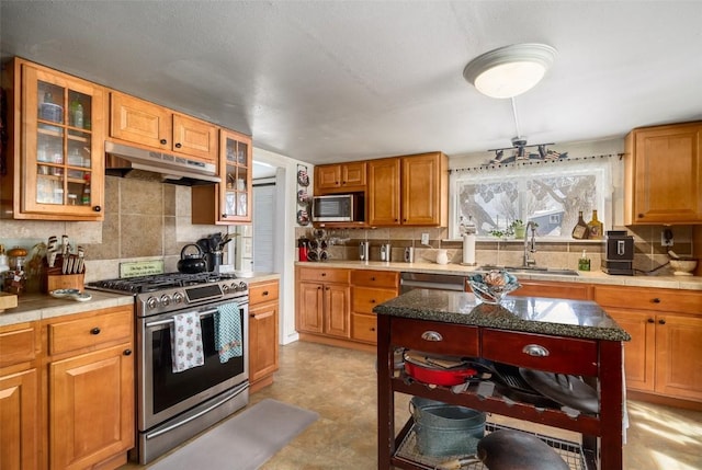 kitchen with under cabinet range hood, a sink, appliances with stainless steel finishes, backsplash, and glass insert cabinets