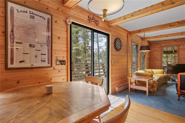 212 Briar Rose Ln, Breckenridge, CO 80424 - dining area featuring wooden walls and beamed ceiling