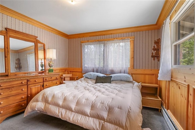212 Briar Rose Ln, Breckenridge, CO 80424 - carpeted bedroom with wallpapered walls, a wainscoted wall, ornamental molding, and baseboard heating