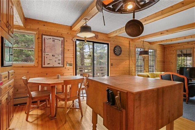 212 Briar Rose Ln, Breckenridge, CO 80424 - dining area with light wood-style flooring, beamed ceiling, and wooden walls