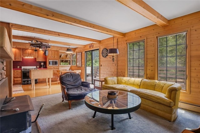 212 Briar Rose Ln, Breckenridge, CO 80424 - living area featuring beam ceiling, wooden walls, a baseboard radiator, and light carpet