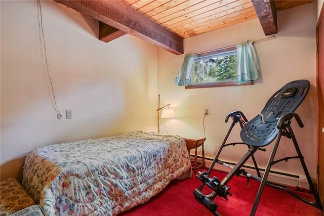 212 Briar Rose Ln, Breckenridge, CO 80424 - bedroom with wood ceiling with exposed beams, carpet floors, and a baseboard radiator