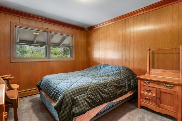 212 Briar Rose Ln, Breckenridge, CO 80424 - bedroom with light carpet, wooden walls, ornamental molding, and baseboard heating