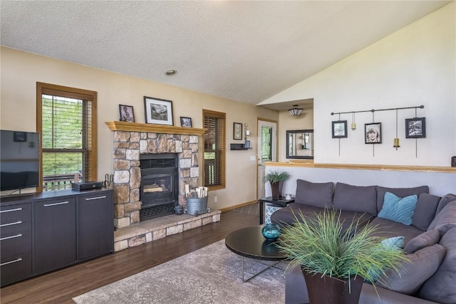 27100 Neptune Pl, Clark, CO 80428 - living area with dark wood-style floors, a fireplace, vaulted ceiling, and a textured ceiling