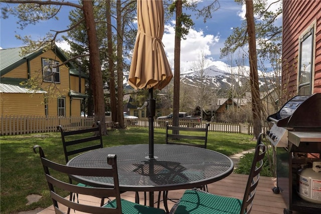 102 S High St, Breckenridge, CO 80424 - wooden deck featuring a mountain view and outdoor dining space